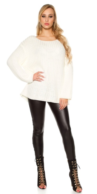 Trendy XXL loose knit jumper w. lacing in the back White